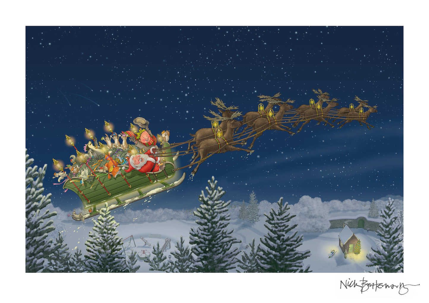 Percy The Park Keeper Signed Print One Christmas Eve A3 signed print Father Christmas flying - £5 off when bought with the book!