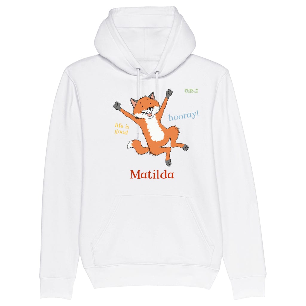 Percy The Park Keeper Fox leaping personalised organic hoodie