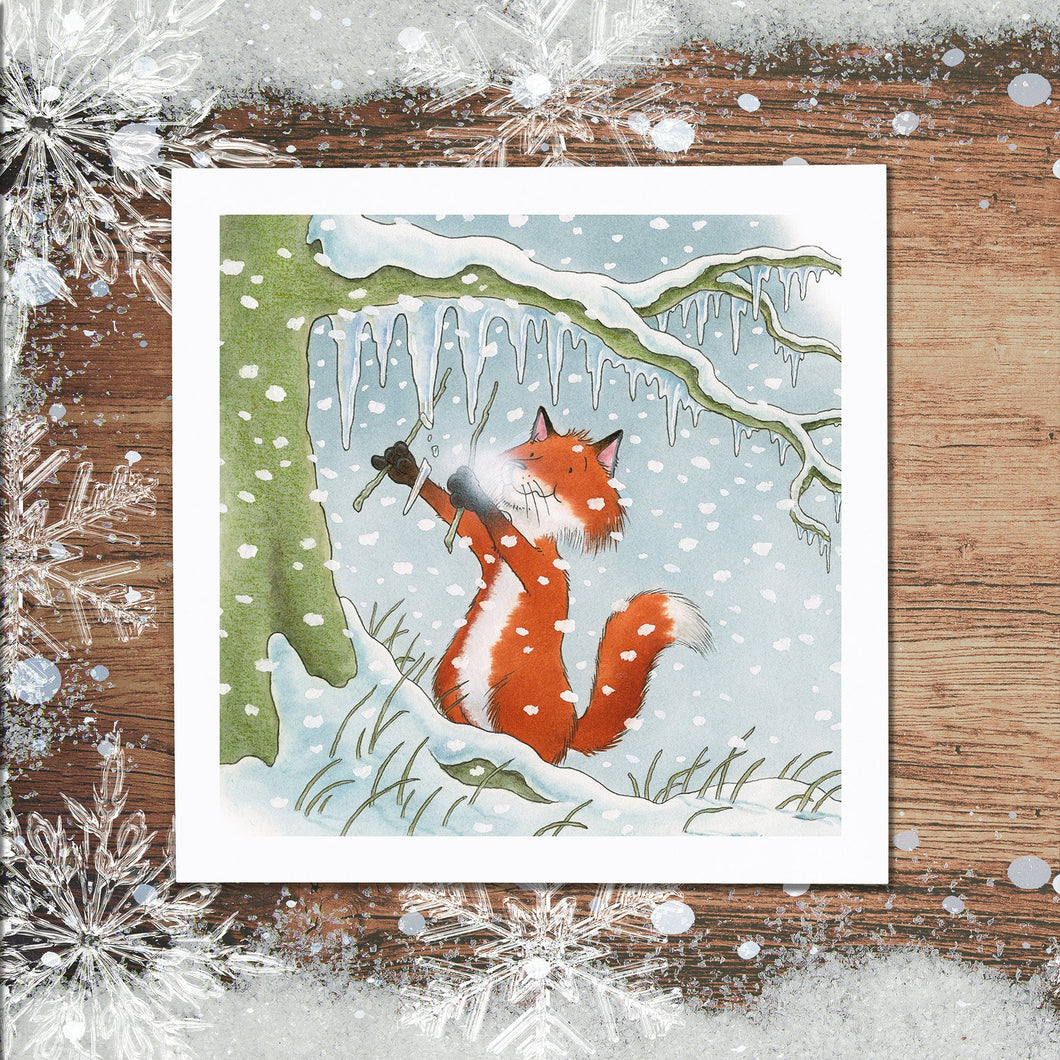 Percy The Park Keeper Greetings Card Fox playing the icicles - Christmas card - set of eight