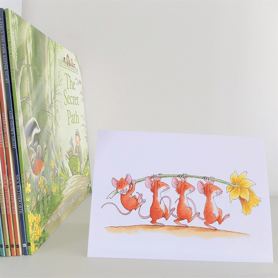 Percy The Park Keeper Greetings Card Mice and Daffodil - A5 Greetings Card