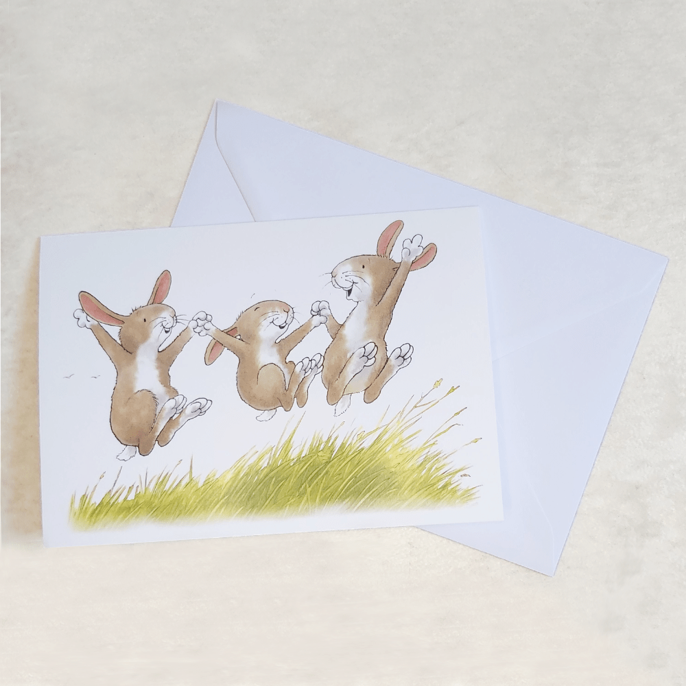 Percy The Park Keeper Greetings Card Rabbits Leaping - A5 Greetings Card