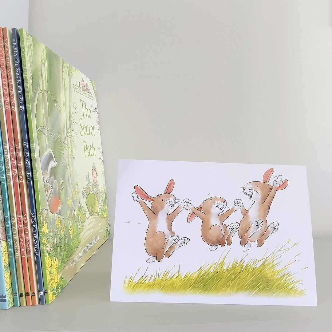 Percy The Park Keeper Greetings Card Rabbits Leaping - A5 Greetings Card