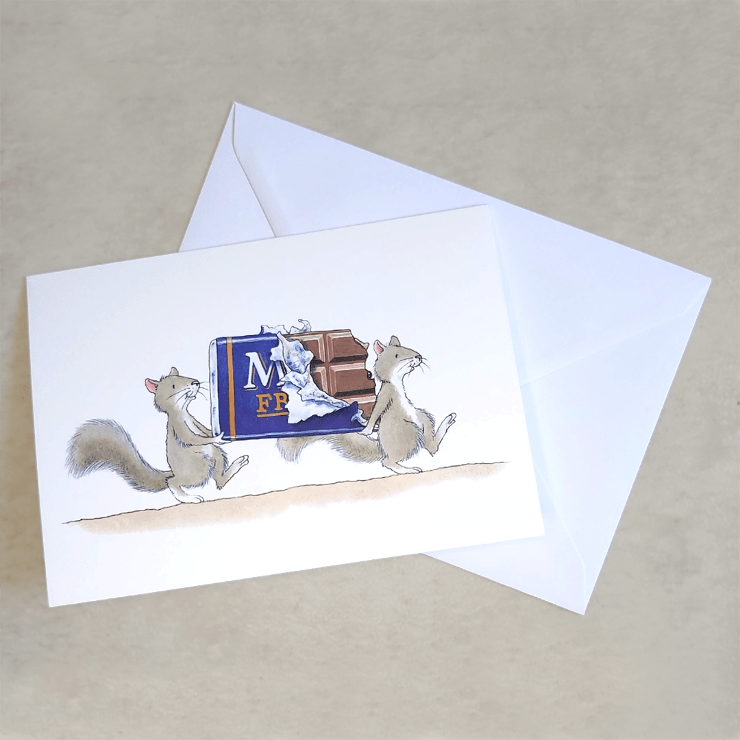 Percy The Park Keeper Greetings Card Squirrels and Chocolate - A5 Greetings Card