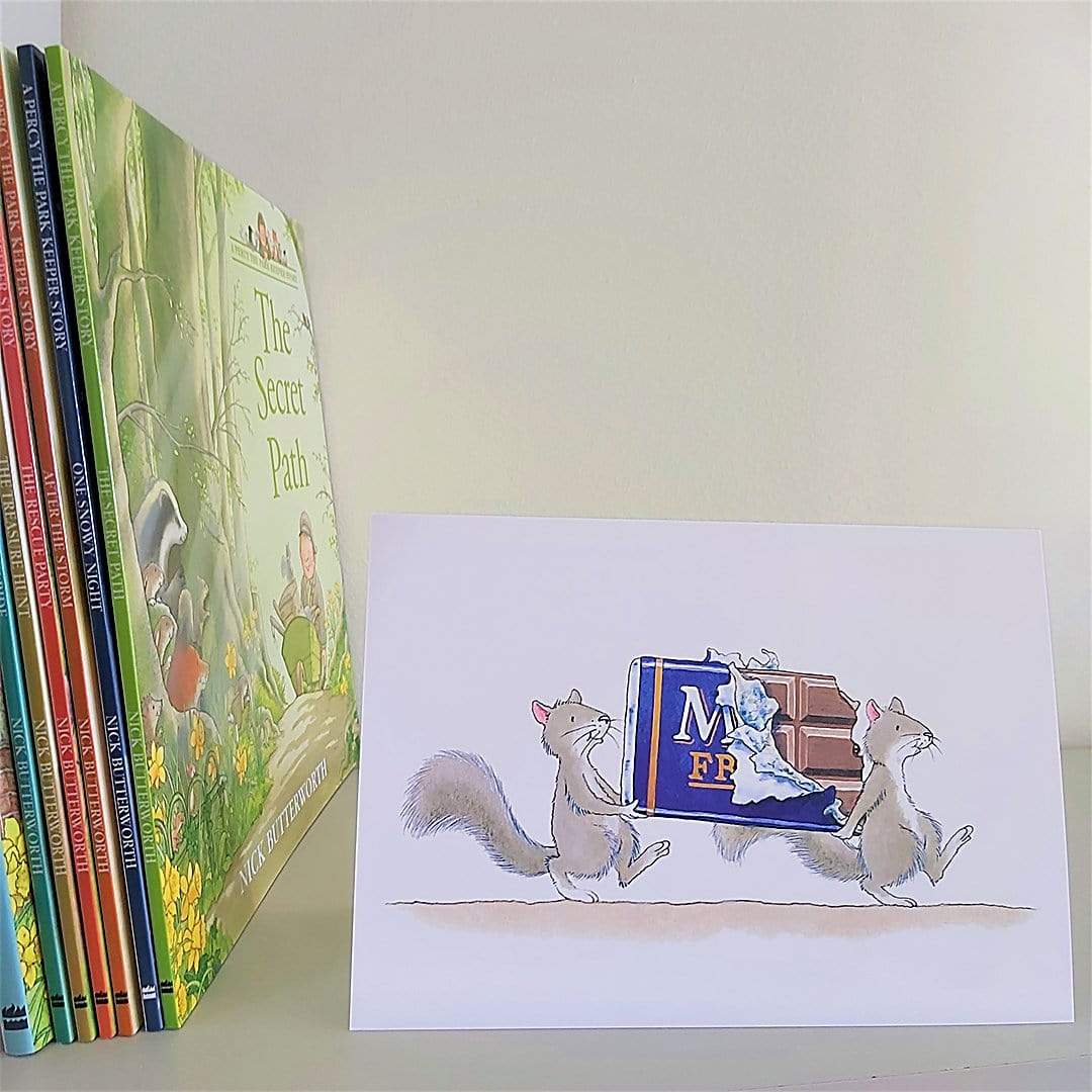 Percy The Park Keeper Greetings Card Squirrels and Chocolate - A5 Greetings Card