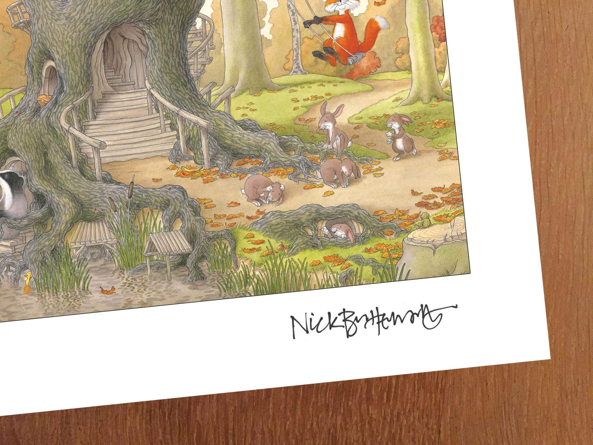 Percy The Park Keeper Signed Print After The Storm tree print LARGE - signed by Nick Butterworth A2 size