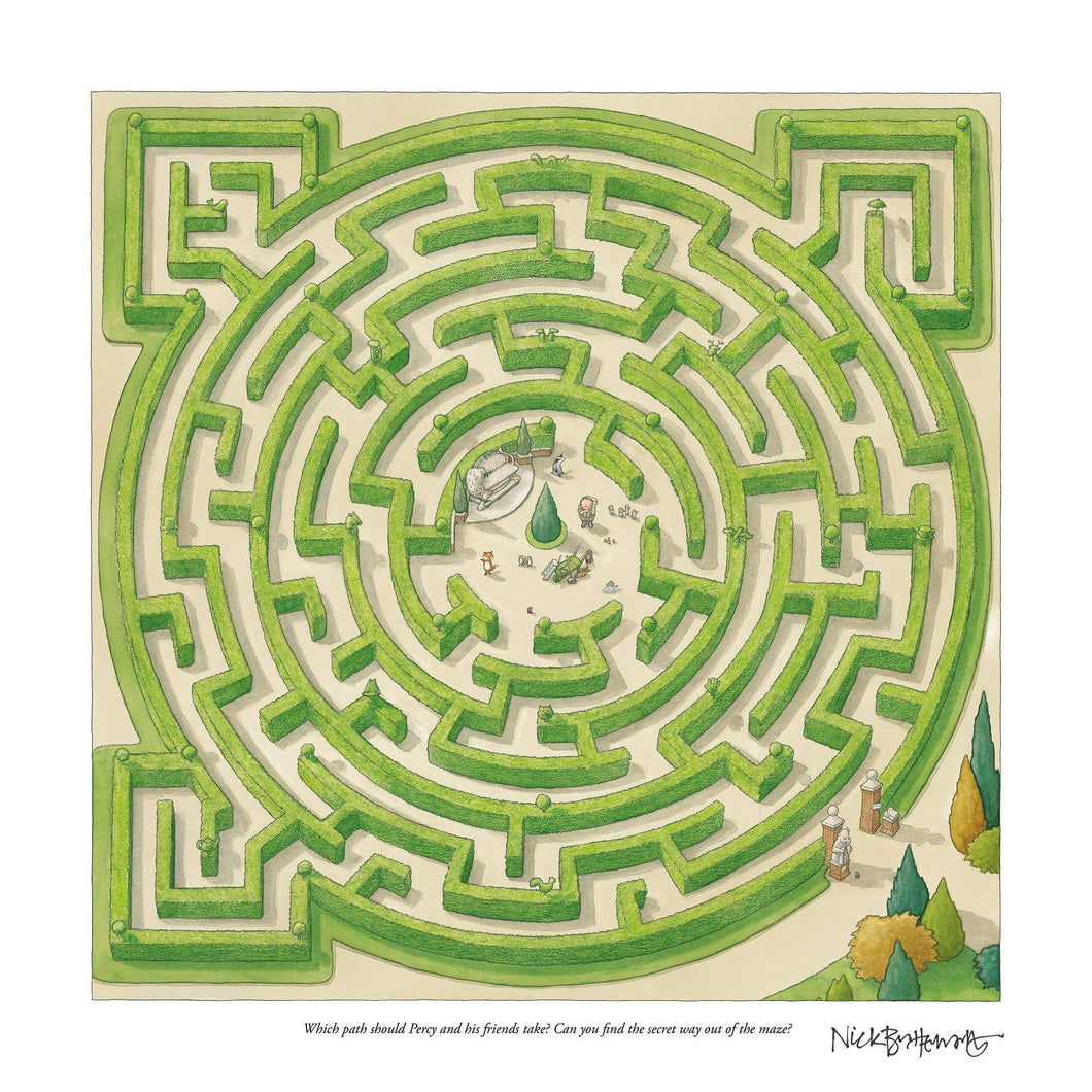 Percy The Park Keeper Signed Print Percy's amazing maze! - signed by Nick Butterworth - 42cm x 42cm